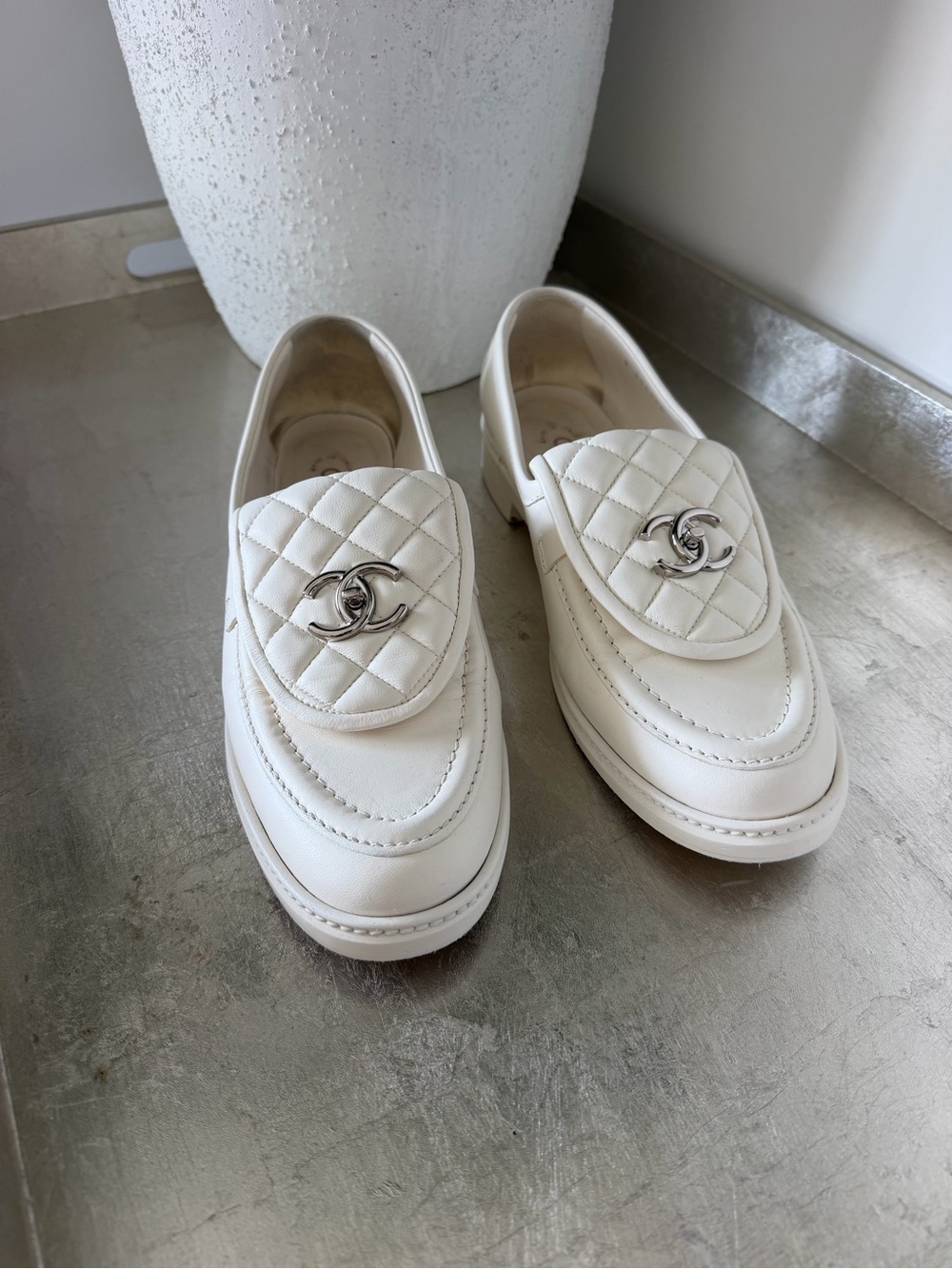 CHANEL White Quilted CC Turlock Loafers